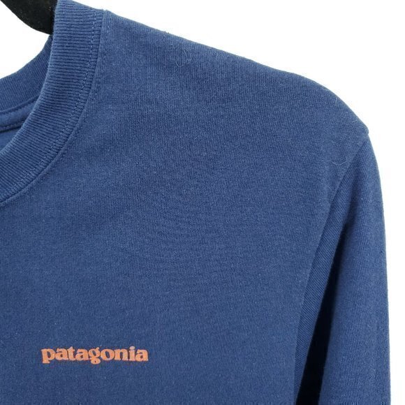 Men's Patagonia Long Sleeve T-Shirt S Blue/Red Logo Sleeve Spellout - Picture 8 of 16